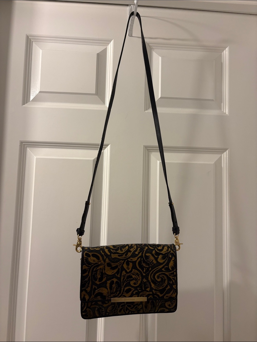 Brahmin Black and Gold Scroll Crossbody Bag